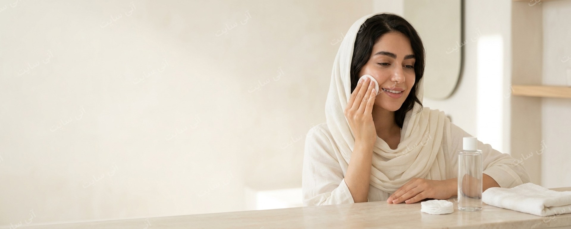 دانلود تصویر آماده برای بنر سایت فروشگاهی | بنر تونر صورت با مدل ایرانی و پد پنبه‌ای