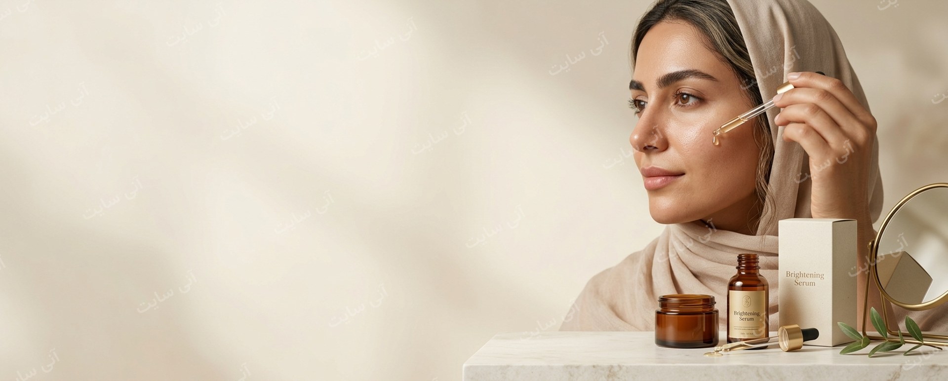 دانلود تصویر آماده مدرن | بنر سرم ضدلک با مدل ایرانی و قطره‌چکان تخصصی