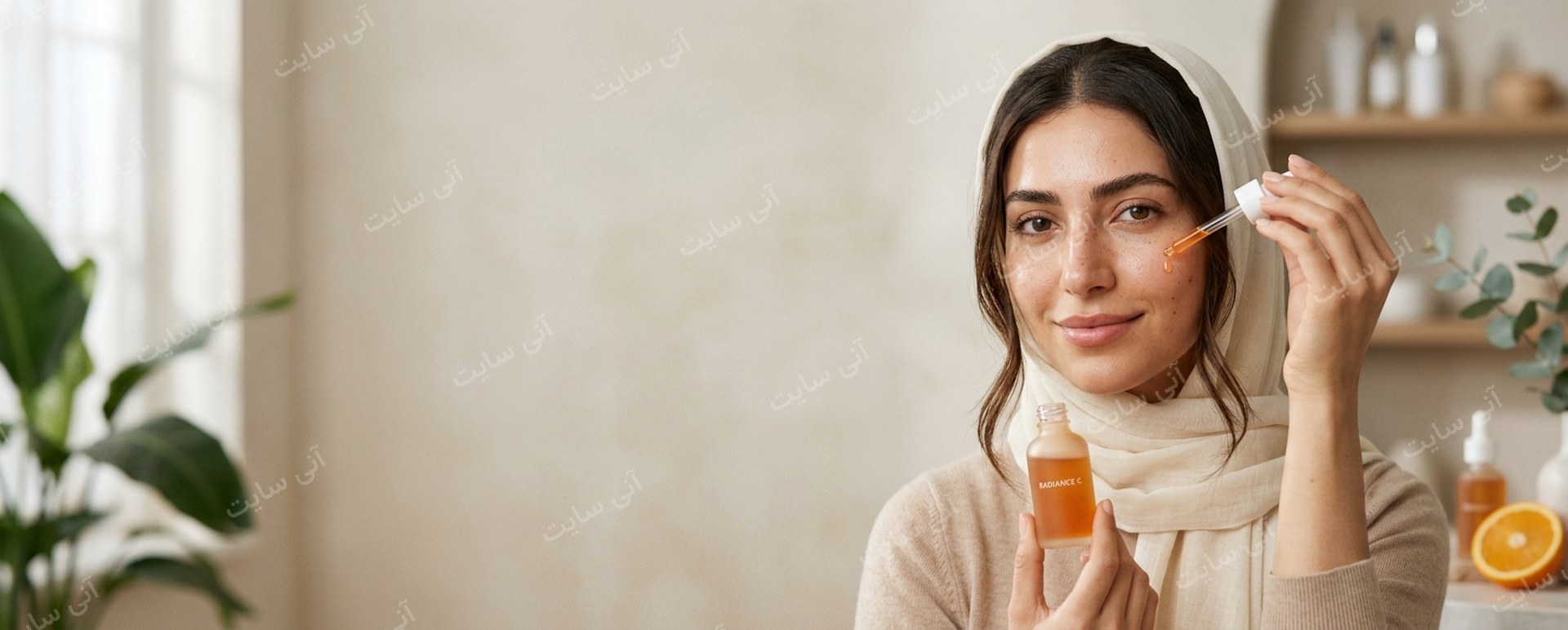 دانلود تصویر آماده براق | بنر سرم ویتامین C با مدل ایرانی و قطره‌چکان