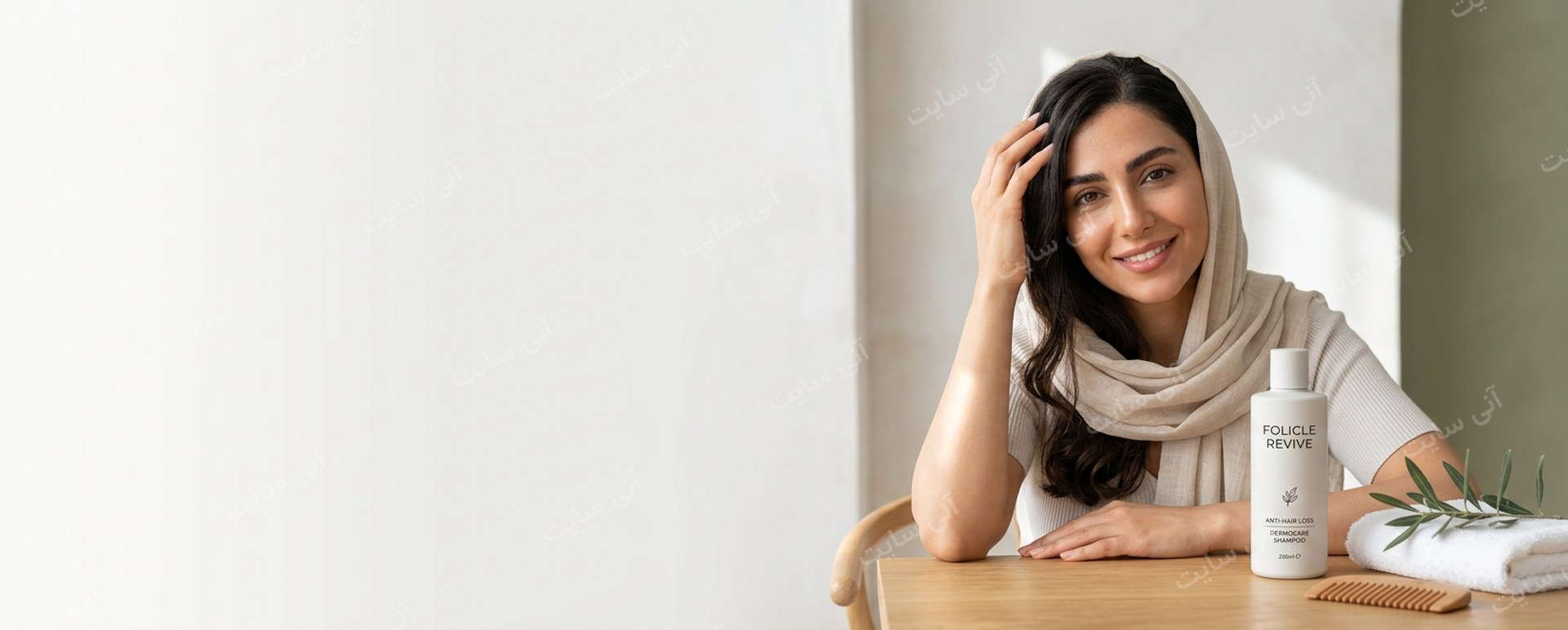دانلود تصویر آماده مدرن | بنر شامپو ضدریزش با مدل ایرانی و حس مراقبت تخصصی