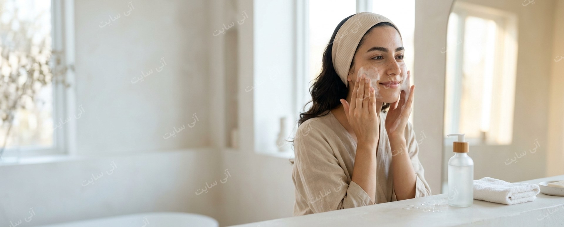 دانلود تصویر آماده آینه بازتابنده | بنر ژل شستشوی صورت با مدل ایرانی کنار کانتر مینیمال