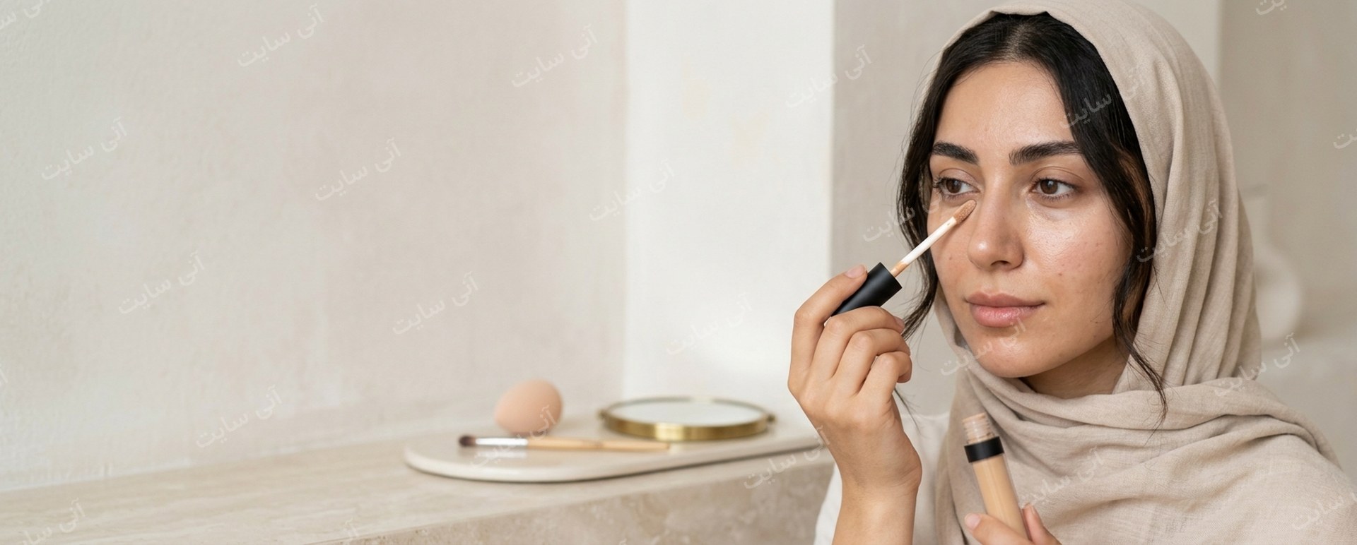 دانلود تصویر آماده براق | بنر کانسیلر با مدل ایرانی و تمرکز روی زیر چشم طبیعی