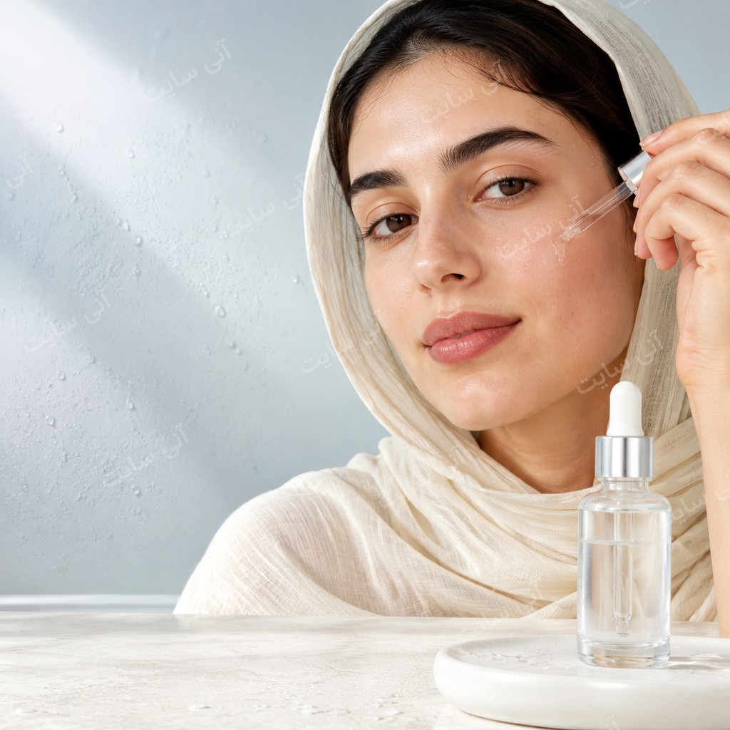 دانلود تصویر آماده سرم | سرم آبرسان صورت با مدل ایرانی و قطره‌چکان شیشه‌ای