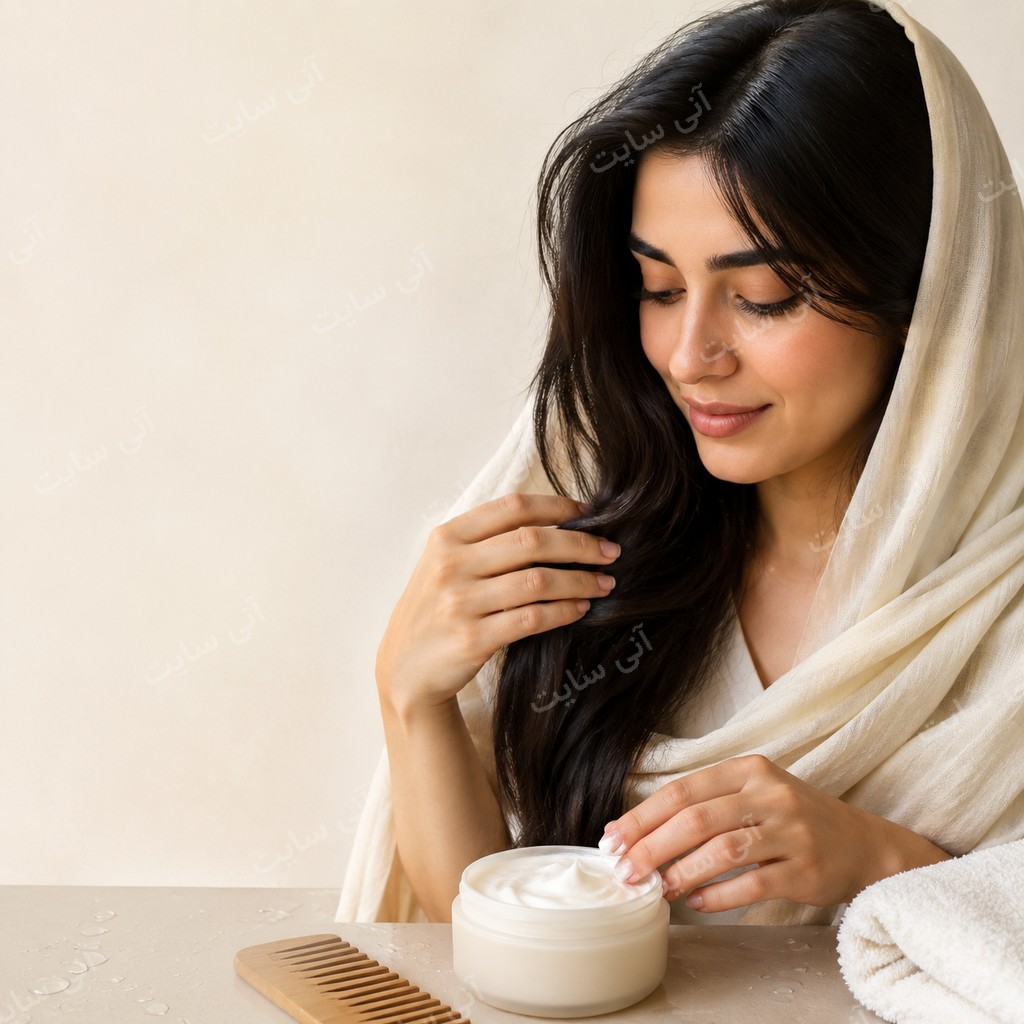 دانلود تصویر آماده کرم صورت | ماسک موی آبرسان با مدل ایرانی و موهای سالم